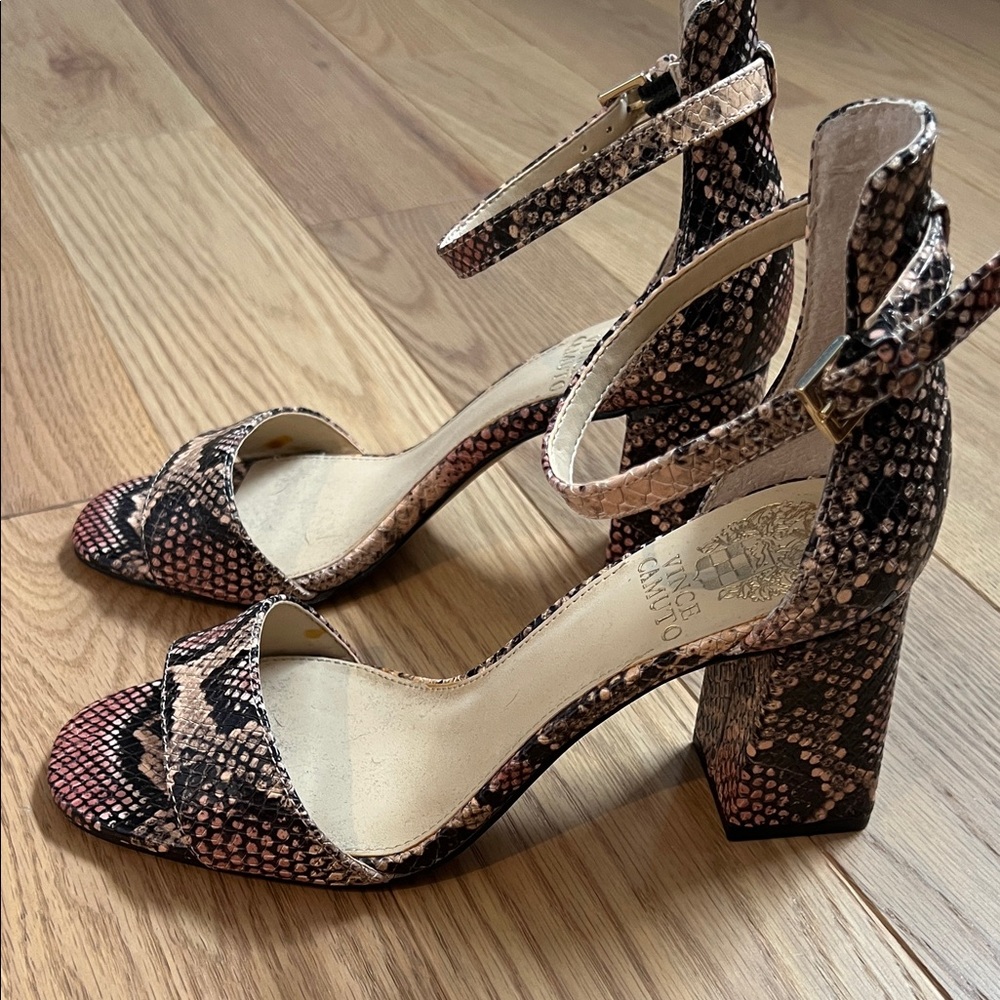 Vince Camuto Pink and Black Snake Print Heels